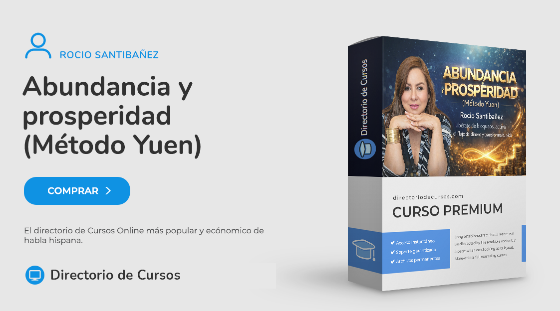 Portada del curso “Abundancia y Prosperidad con Método Yuen” impartido por Rocío Santibañez, enfocado en desarrollo personal y equilibrio energético.